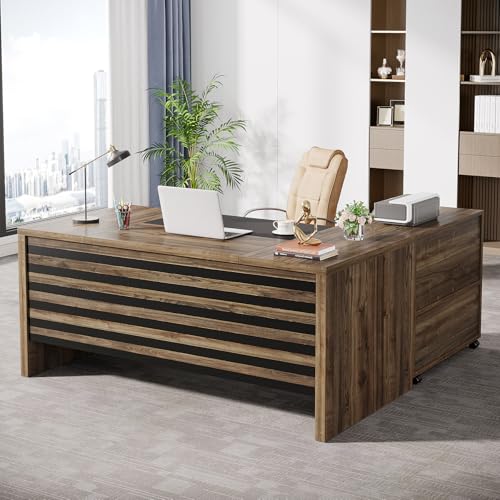 Tribesigns 62.2" L-Shaped Executive Desk with Mobile File Cabinet - color: Light Brown and Black