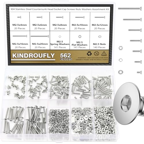 562 Pieces M2.5 x 4/6 /8/10 /12/16 /20mm Countersunk Head Socket Cap Screws Nuts Washers Assortment Kit, 304 Stainless Steel, Fully Machine Thread - size: M2.5, style: Countersunk Head Socket Cap