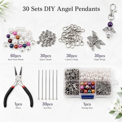 Metacipher 180Pcs DIY Angel Keychain Making Kit with Beads and Pliers ﻿ - color: White Pearl
