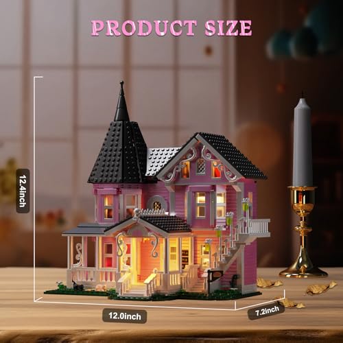 Pink Palace House Building Set with Lights, Halloween Haunted House Blocks Toy, Halloween House Kit for Kids Adults, Compatible with Lego, Christmas for Girls and Boys, Aged 8+ (1349PCS)