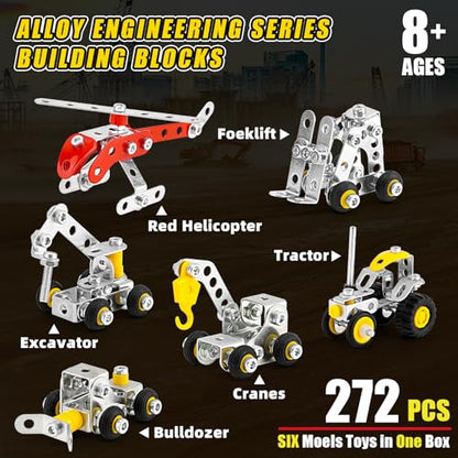BESTYMXY Stem Building Toys, Metal Construction Vehicles & Helicopter Model kit 6 Models, 272 PCS Building Sets for Boys Age 8-12, Learning Toy Metal Models