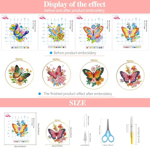 Zhenqing 4 Butterfly Floral Cross Stitch Kit, 11CT Printed Fabric with Hoop - color: 4 Butterfly Kit