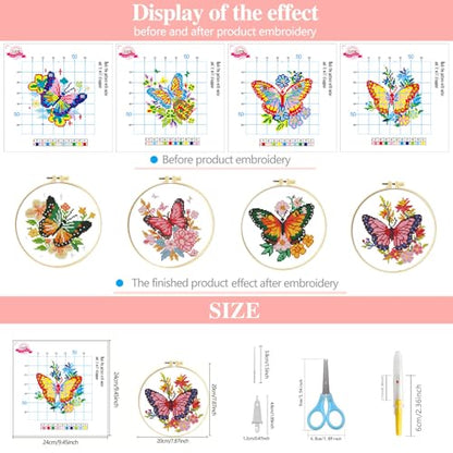 Zhenqing 4 Butterfly Floral Cross Stitch Kit, 11CT Printed Fabric with Hoop - color: 4 Butterfly Kit