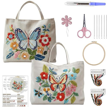ARTopet 2Pcs Embroidery Tote Bag Kit for Beginners Butterfly Canvas Cross Stitch Handbag with Hoops Needles Threads Reusable Grocery Bag for Women-02 - color: 2Pcs-02