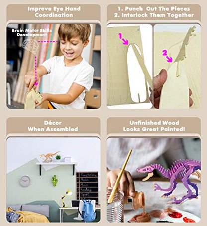 Puzzled 3D Puzzle Velociraptor Dinosaur Wood Craft Construction Kit Fun Unique & Educational DIY Wooden Dino Toy Assemble Model Unfinished Craft Hobby Puzzle to Build & Paint for Decoration 42pc Pack