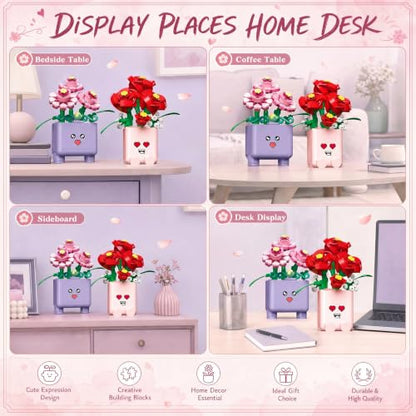 Botanicals Happy Plants Building Sets | 2 Cute Happy Plants Flowers Set, Succulents Botanical Collection for Home Office Décor, Gift for Women Wife Mom(244Pcs) - style: Purple and Pink