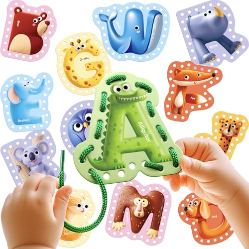 Dotimo Lacing Cards - 26PCS Double - Sided Uppercase Sewing Cards, 26 Animal Alphabet Games, for Kids Ages 3-5, Preschool Learning & Quiet Time Activities