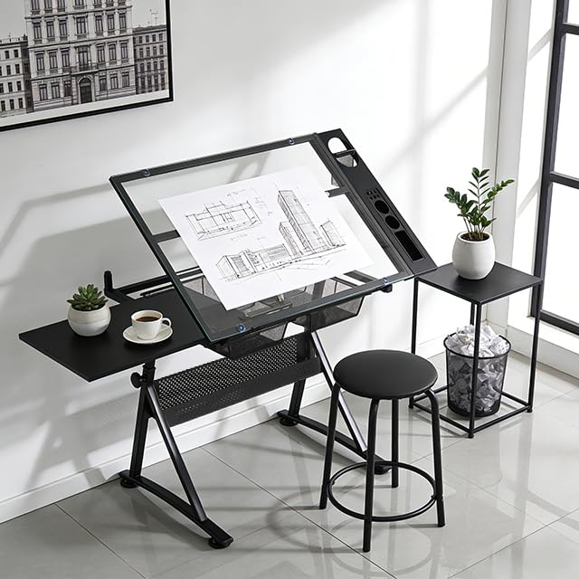 Magshion Drafting Table Adjustable Drawing Table w/Stool - color: Clear & Black
