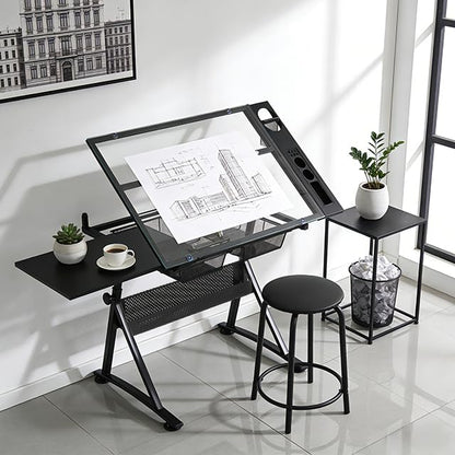 Magshion Drafting Table Adjustable Drawing Table w/Stool - color: Clear & Black