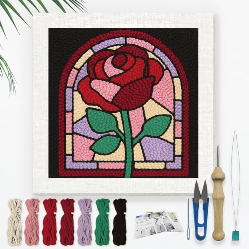 DOODLREAM Rose Window DIY Punch Needle Embroidery Kit for Adult Beginner, 9.4" Red Rose Flower Punch Stitching Craft Set for Starter with Frame, Fabric Pattern, Threader, Yarn, Pinch Needle - color: Rose