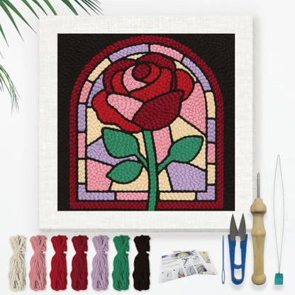 DOODLREAM Rose Window DIY Punch Needle Embroidery Kit for Adult Beginner, 9.4" Red Rose Flower Punch Stitching Craft Set for Starter with Frame, Fabric Pattern, Threader, Yarn, Pinch Needle - color: Rose