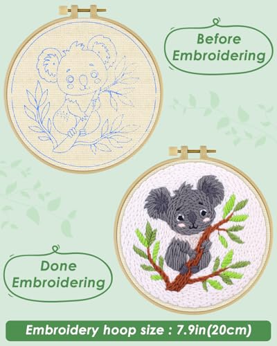 ERKOON Punch Needle Kit for Beginners Adults, DIY Easy Animal Embroidery Set for Starter Art Craft, Needling Punch Project with Patterns, Tools, Yarns, Hoop, Instruction (Koala) - color: Koala