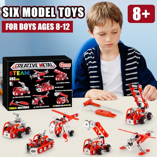 Building Fire Truck Set For Boys Age 8-12，Stem Assembly Metal 3-d Puzzle Fire Engine Model Car Building Kit Construction Toys，Parent-Child Interaction Gifts Erector Sets For Kids 8-16 Red（303pcs）