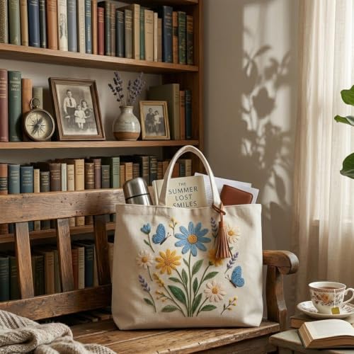 ARTopet Embroidery Tote Bag Kit for Beginners Flower Canvas Cross Stitch Handbag with Hoops Needles Threads Reusable Grocery Bag for Women-Flowers - color: Flowers