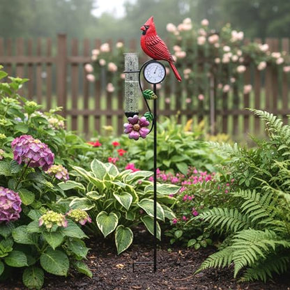 40in Red Bird Rain Gauge Thermometer Metal Garden Stake Decor - color: Red Bird