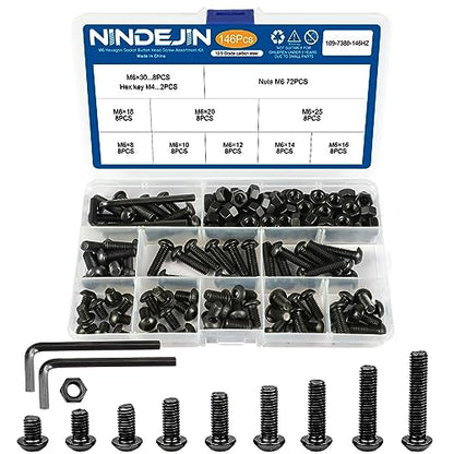 NINDEJIN M6 Button Head Socket Cap Bolts Screws, Metric M6 x 8/10/12/14/16/18/20/25/30mm Screws Bolts Nuts Assortment Kit, 146Pcs Allen Hex Drive, Black Oxide, 10.9 Carbon Steel, Fully Threaded - size: 146PCS M6 8mm-30mm