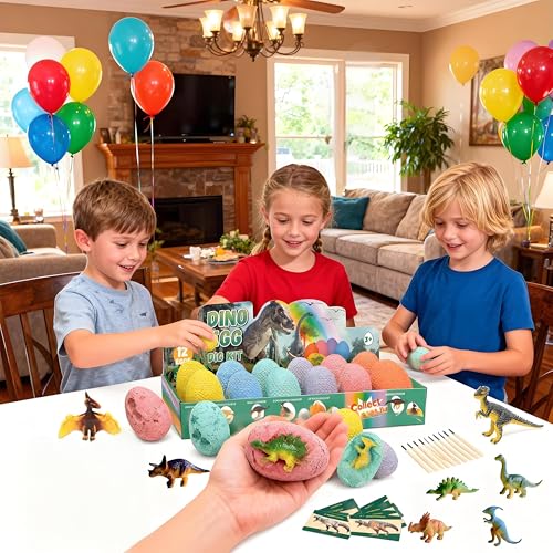 EXBEPE Dinosaur Eggs Excavation Dig Kit, 12 Fossilized Colorful Easter Dinosaur Egg with 12 Cards and 12 Dig Tools, Science Education STEM Toys for Boys & Girls Ages 3-12