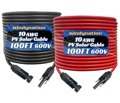 WindyNation 10 Gauge 10 AWG Pair 100 Feet Black +100 Feet Red PV Photovoltaic Solar Panel Extension Cable Wire Solar Connectors - color: 100 Feet Black + 100 Feet Red, size: 10 AWG Solar Cable