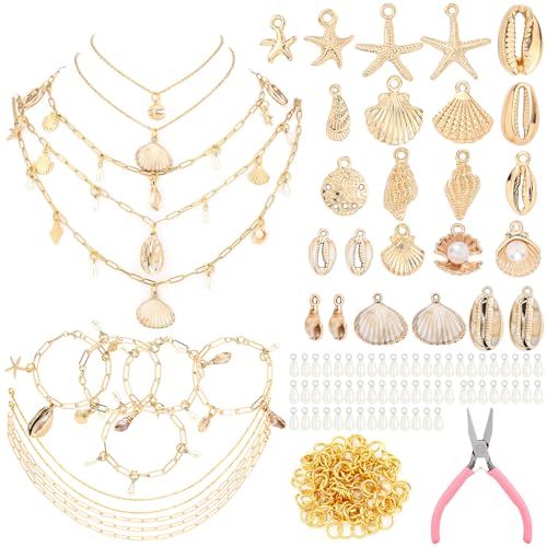 Liliaafar 107 Pcs Charms Lip Gloss Keychain Making Kit Bracelets Necklace Chains Gold Paperclip Beach Jewelry Making Accessory with Shell Charm Pendants Jump Rings Lobster Clasps Pliers for Craft Gift