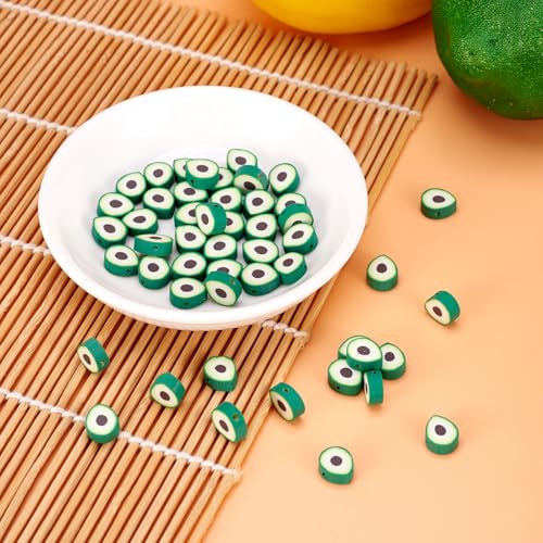 Elecrelive 50Pcs Avocado Polymer Clay Spacer Beads Green Fruit Clay Beads Food Slice Charms 11.5x9x5mm for Necklace Bracelets Earrings Key Chains Making - color: Green Avocado