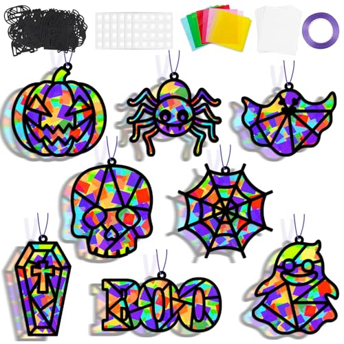 32 Sets Halloween Suncatchers Craft Kit DIY Window Stained Glass Effect Ghost Spider Skull Pumpkin Paper Crafts Home School Classroom Decoration Kid Birthday Gift Creative Art Project Activity Game - style: Halloween