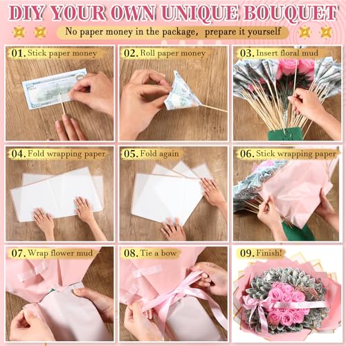 XunYee Bouquet Kit 20 Sheet Flower Wrapping Paper 100 Pcs Bamboo Skewers Floral Foam Blocks for Anniversary Birthday Gift Graduation Mother's Day(White, Solid Pink) - color: White, Solid Pink