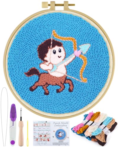 ERKOON Punch Needle Kit Beginners Adults, Zodiac Easy Embroidery Set for Starter Art Craft, Needling Punching Project with Patterns, Tools, Yarns, Hoop, Instruction (Sagittarius) - color: Sagittarius