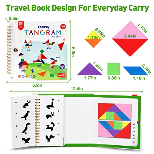 USATDD Travel Tangram Puzzle with 2 Set, Magnetic Pattern Blocks Road Trip Travel Games Jigsaw Montessori Brain Blocks IQ Book with 368 Solution Brain Teasers for Kids Adults Challenge - style: 368 Solution