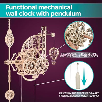 UGEARS Aero Clock Wooden 3D Puzzles for Adults - Mechanical Wooden Model Kits for Adults to Build, Wall Clock 3D Puzzle with Pendulum Model Kit, DIY Miniature Kit Crafts Gift for Fathers Day