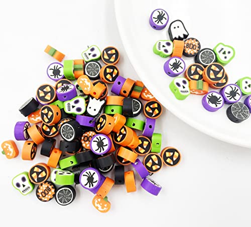100 Pcs Halloween Handmade Polymer Clay Beads, 10mm Ghost Pumpkin Spider Polymer Clay Spacer Beads for Women Jewelry Making DIY Charms Bracelet Necklace Hair Clip Accessories Handmade Craft - color: halloween