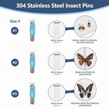 304 Stainless Steel Insect Pins – 300pcs Entomology Specimen Needles & 200 Bead Needles for Insect Specimen, Butterfly Collection, School Lab & Specimen Display - size: 300 Insect Pins + 200 Bead Needles Kit