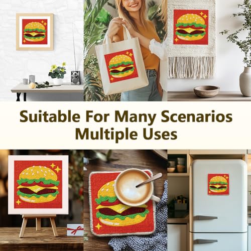 DOODLREAM Yummy Hamburger DIY Punch Needle Embroidery Kit for Adult Beginner, 9.4" Cartoon Burger Fast Food Punch Stitching Craft Set for Starter with Frame Fabric Pattern Threader Yarn Pinch Needle - color: Hamburger