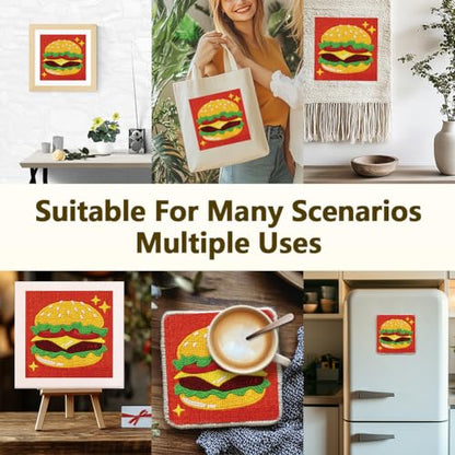 DOODLREAM Yummy Hamburger DIY Punch Needle Embroidery Kit for Adult Beginner, 9.4" Cartoon Burger Fast Food Punch Stitching Craft Set for Starter with Frame Fabric Pattern Threader Yarn Pinch Needle - color: Hamburger