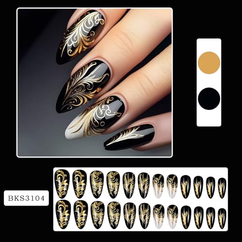 24Pcs Press on Nails Almond Medium Fake Nails with Gold Designs False Nails Whhite Glitter Stick on Nail Black Sparkly Glue on Nails Cute Full Cover Artificial Nail for Women - color: Style03