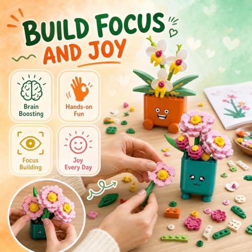 Botanicals Happy Plants Building Sets | 2 Cute Happy Plants Flowers Set, Succulents Botanical Collection for Home Office Décor, Gift for Women Wife Mom(222Pcs) - style: Orange and Green