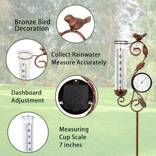 36in Bird Rain Gauge Thermometer Bronze Metal Garden Stake Decor - color: Bronze Bird