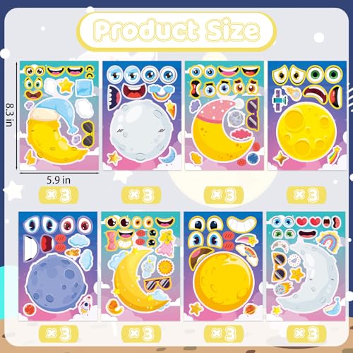 24 Sheets Moon Make a Face Sticker, Moon Mix and Match Stickers DIY Crafts for Home School Classroom Activity Reward Party Favors - style: Moon