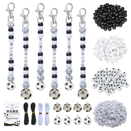 Tuhangcc 500 Pcs Soccer DIY Keychain Making Kit, Adjustable Letter Alphabet Beads Strings, 16 Charm Cards with Lobster Clasps & Strings for Sport Theme Party Favor Gift (Soccer) - color: Soccer
