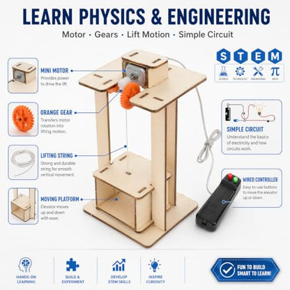 Toyvian Motorized Wooden Elevator STEM Projects for Kids Ages 8-12, DIY Working Lift Model with Controller, Physics Engineering Science Experiment Kit, 3D Wooden Puzzle Building Toy