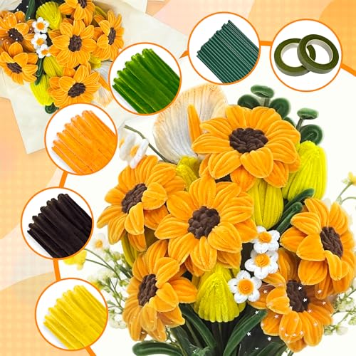 LINAYE 500 PCS Pipe Cleaners Craft, 6 Colors Pipe Cleaners Flowers Kit, Chenille Stems for Crafts with Instruction Wrapping Paper, Stems Art and Craft Supplies Yellow - color: Yellow