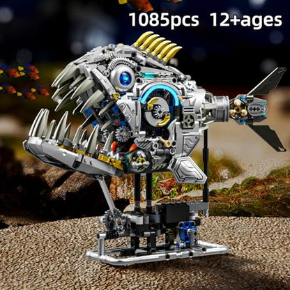 Mechanical Piranha Building Sets, Ocean Animal Collection Toy, Multi-Jointed Movement with Ice Blue Accents, Adults Home or Office Decor, STEM Building Gift for Adults Teens 13+ (1085 PCS) - style: Mechanical Piranha