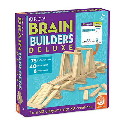 MindWare Keva Brain Builders Deluxe: STEM Building Toy Includes 75 KEVA Planks, 40 Puzzle Cards, 8 Design Cards, 3D Building Skills for Kids - Ages 7+