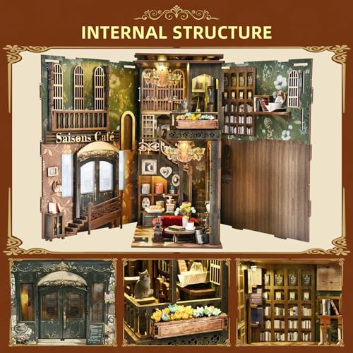 MiniCity Book Nook Kit, DIY Miniature Dollhouse Book Nook Kit with Dust Cover and LED Light (Saisons Café) - color: Saisons Café