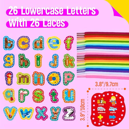SpriteGru 26PCS Alphabet Lacing Cards, Lowercase Letters Sewing Kit with 26 Double-Sided Cards and 26 Colorful Laces Alphabet Learning Toy Motor Skills Art Crafts for Toddlers, Kids, Students - color: Lowercase Letters
