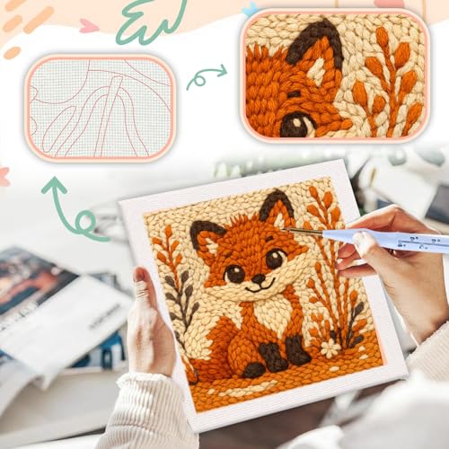 SDOYUNO Punch Needle Kit with Frame for Adults Beginners Kits 9.84 x 9.84 Inch Embroidery Starter Kits Punch Needle Kit with Fox Pattern, Threader, Yarns, Rug Punch, DIY Craft Kits (Brown) - color: brown