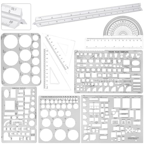 Zonon 10 Pcs Architect Scale & Geometric Drawing Template, Classic, Clear - color: Clear, style: Classic