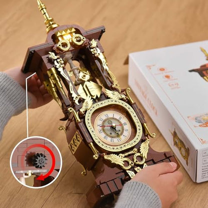 Retro Clock Building Set for Adults, Vintage Pendulum Model with Rotating Gears, Mechanical Building Blocks Toy, Gift for Boys and Girls 8+(879PCS) - style: Vintage Clock