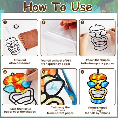Qyeahkj 36 Set Tiki Theme Suncatchers Craft Tropical Hawaii Suncatchers Craft Kit Summer Luau Window Tissue Paper kit Window Hanging Decoration for Home Art Project Party Favor Gift - style: Tiki