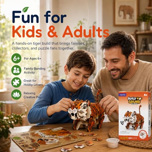 MierEdu Build 'N' Sound 3D Puzzle for Kids, Animal Puzzle with Sound Module, Educational STEM Craft Kit, FSC Paper Model Building Toy Gift for Ages 6+ - color: Tiger