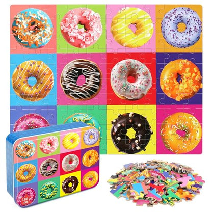 LELEMON Puzzles for Kids Ages 4-6,100 Piece Puzzles for Kids in Metal Box - color: 12pcs Donut